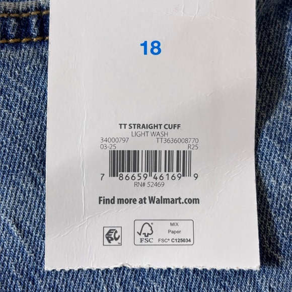 Time and Tru High Rise Straight Leg Cuffed Jeans Casual Pants Light Wash Size 18 - Picture 10 of 14